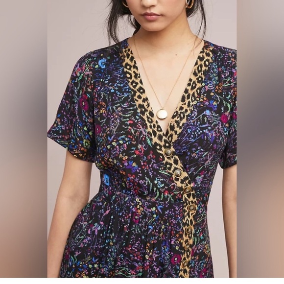 Anthropologie Maeve Morgan Black Floral Leopard Print Button Dress Size 4 - Picture 3 of 10
